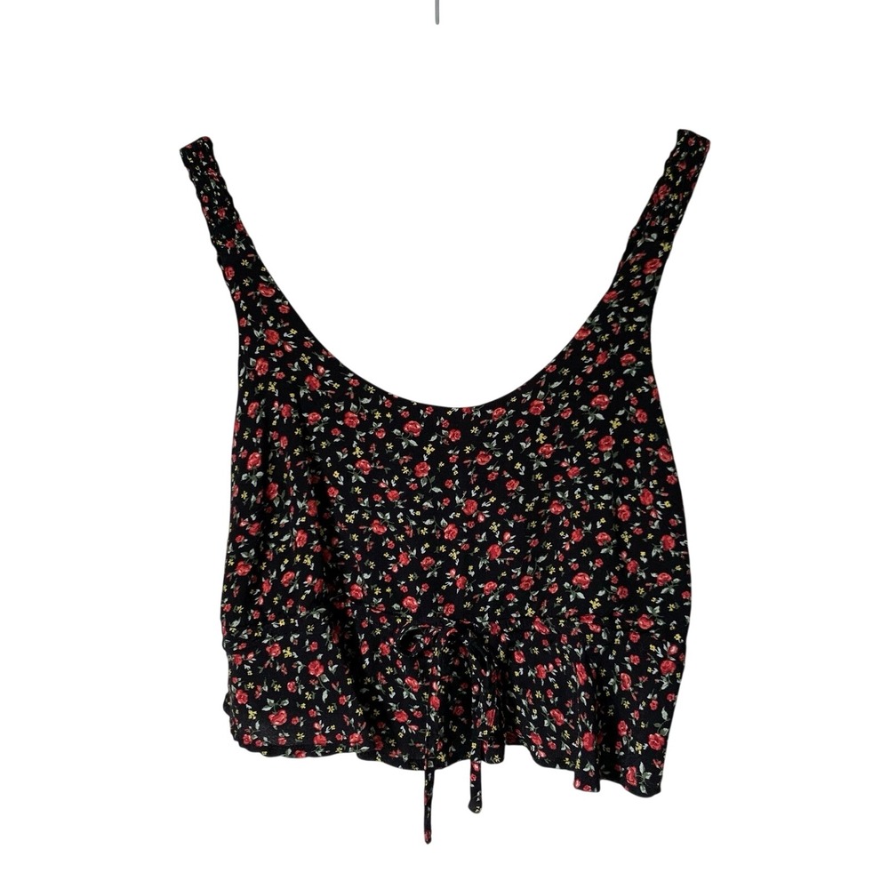 Forever 21 Floral Crop Top Womens Small Black Red Peplum Tie Front Cottagecore